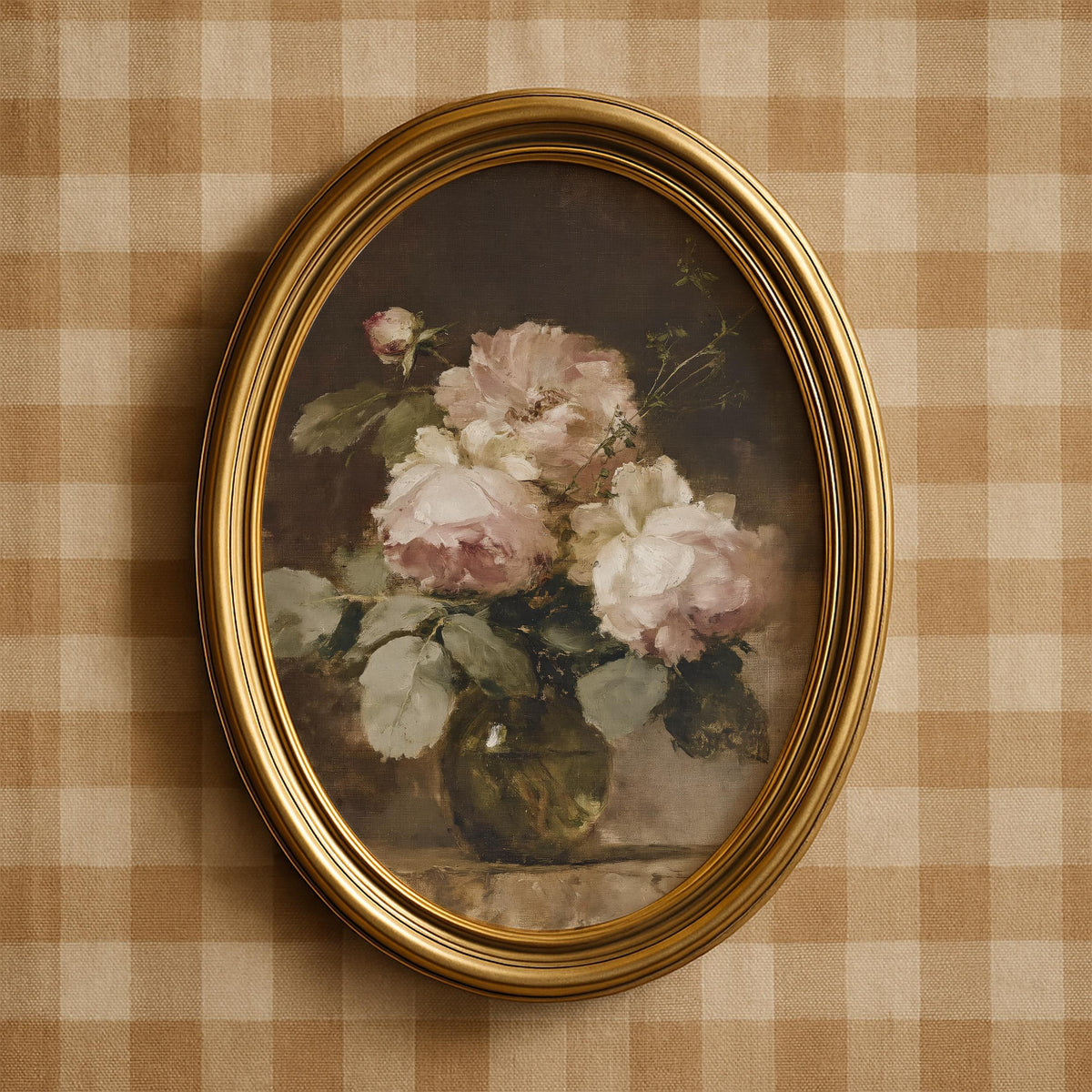 Classical floral still life picture — aged romantic roses with sage foliage and timeless, moody vintage appeal