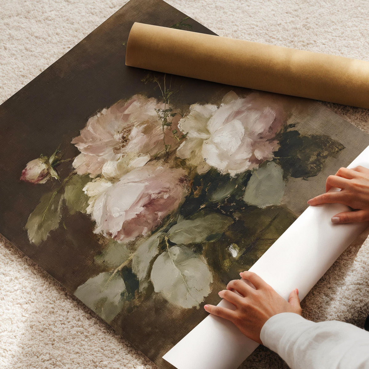 Floral arrangement painting for bedroom — romantic roses poster with aged, textured brushwork