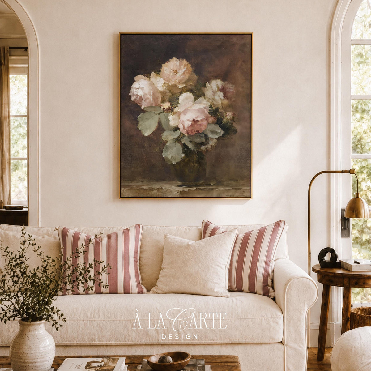 Cream and rose flower poster instant download — romantic farmhouse wall art with soft textured brushstrokes