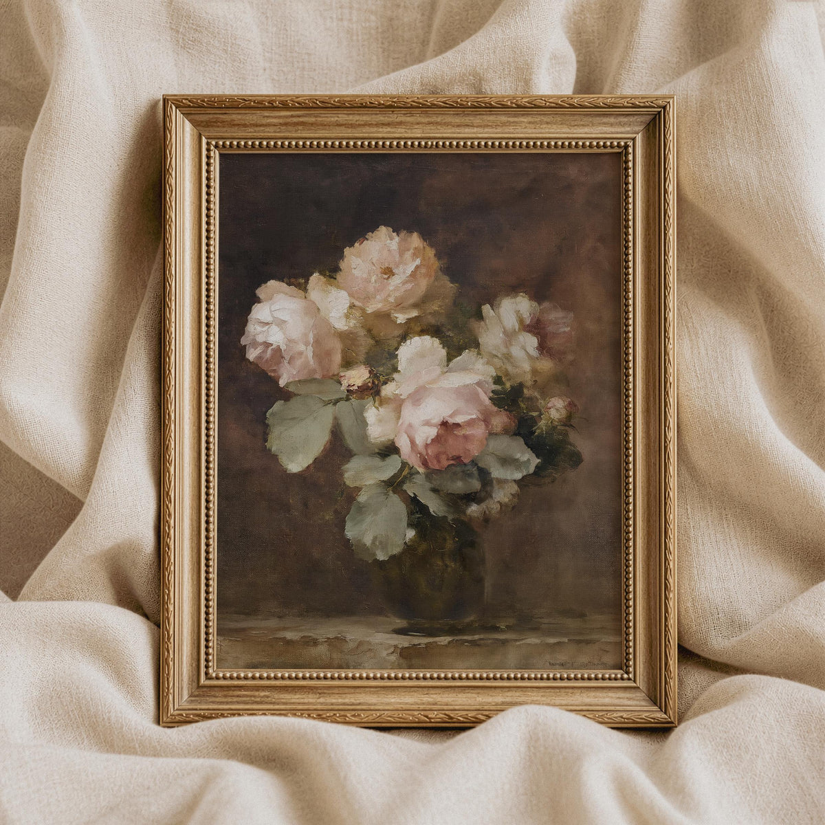 Antique rose still life picture digital print — elegant botanical wall decor with aged, timeworn aesthetic