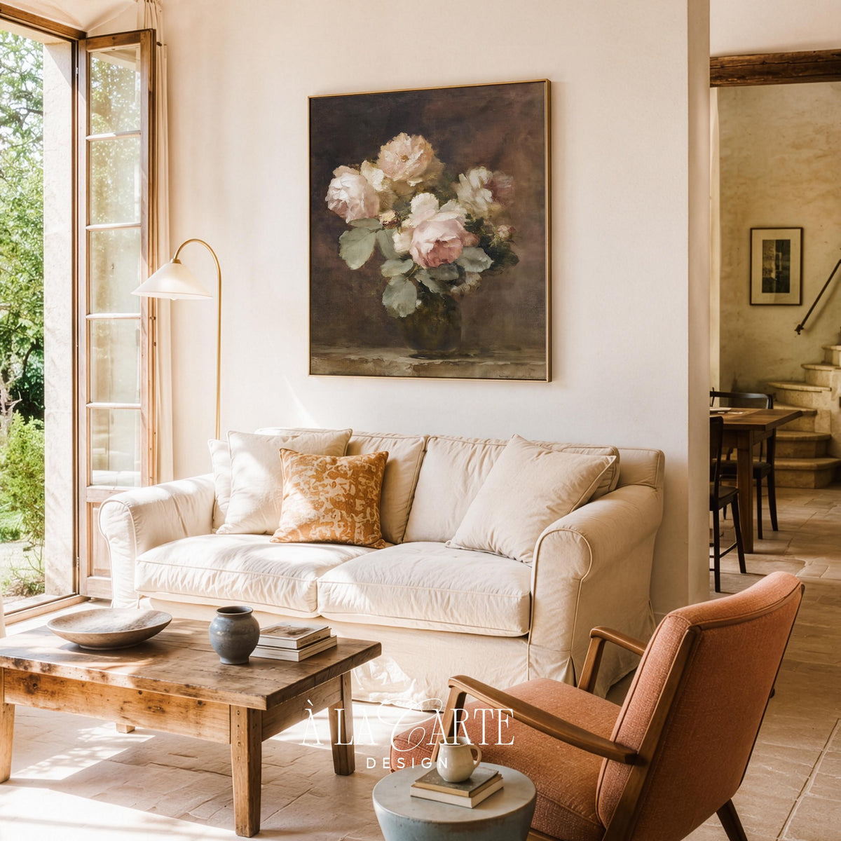 Timeworn rose study artwork for living room — classical flower composition with soft sage accents and moody ambiance
