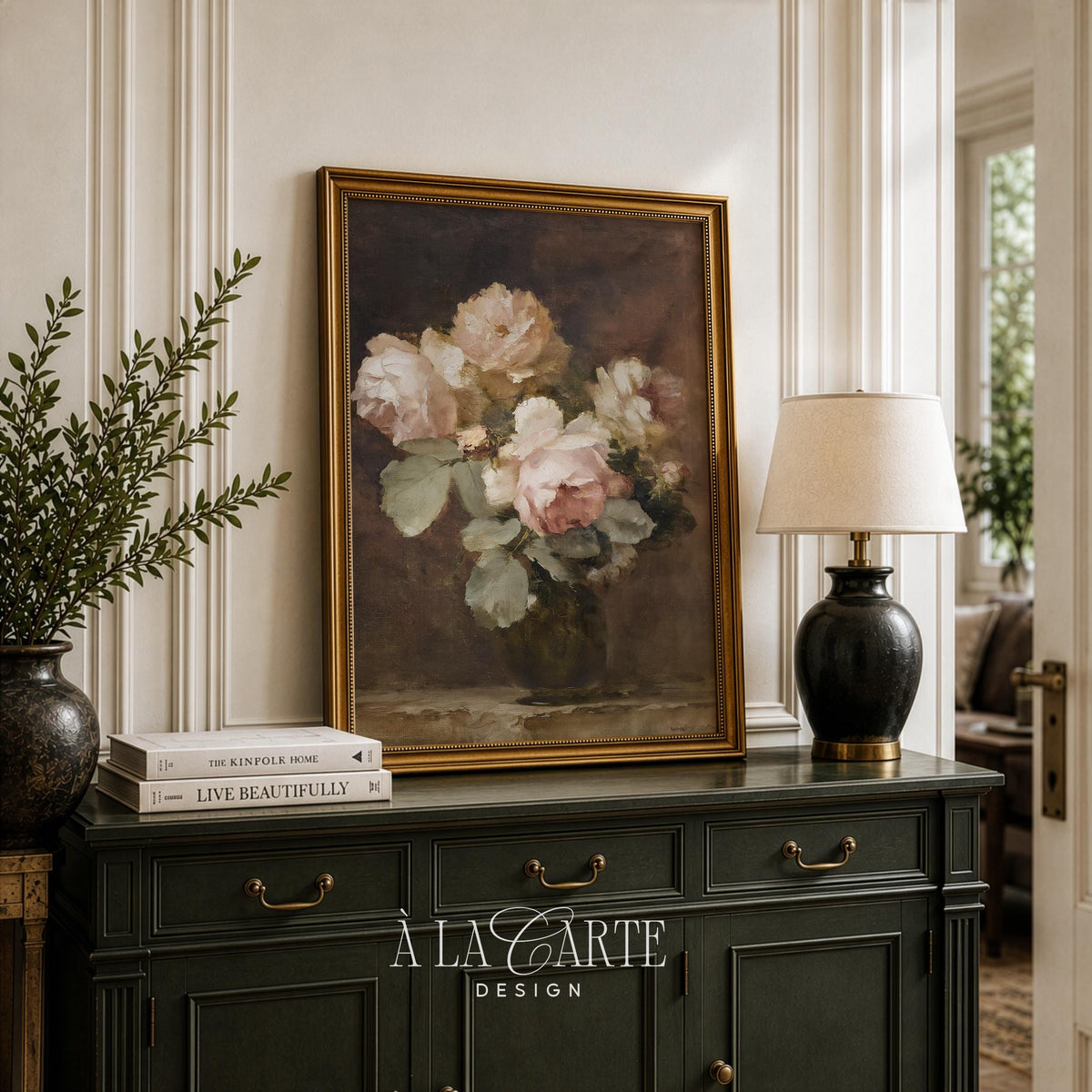 Classical flower arrangement poster instant download — moody vintage-inspired painting for farmhouse décor