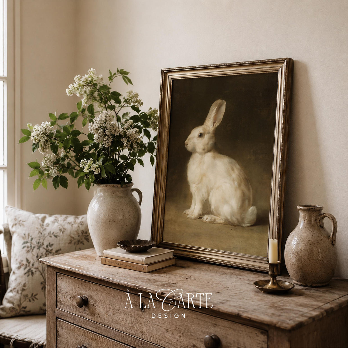 White Rabbit Wall Art, Bunny Painting, Woodland Nursery Art, Farm Animal Decor, Cottagecore Printable, Dark Academia Poster V263