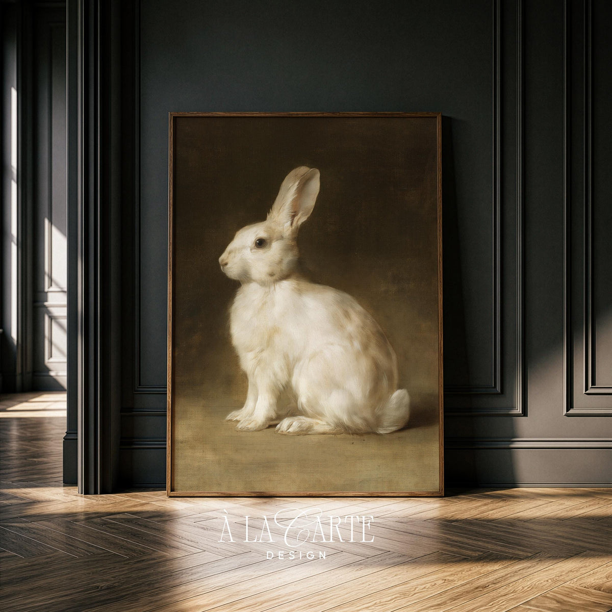 White Rabbit Wall Art, Bunny Painting, Woodland Nursery Art, Farm Animal Decor, Cottagecore Printable, Dark Academia Poster V263