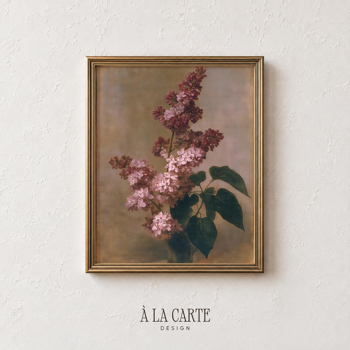 Pink lilac painting poster for farmhouse decor — cottagecore floral artwork with delicate brushwork and warm brown tones