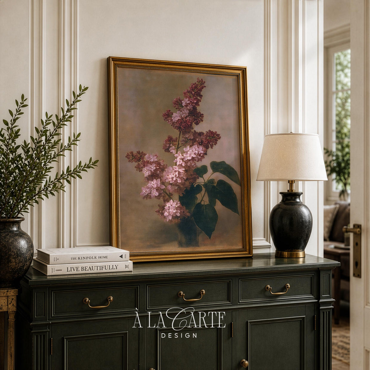 Romantic lilac cluster poster — moody botanical wall decor featuring blooming spring branches with muted romantic aesthetic