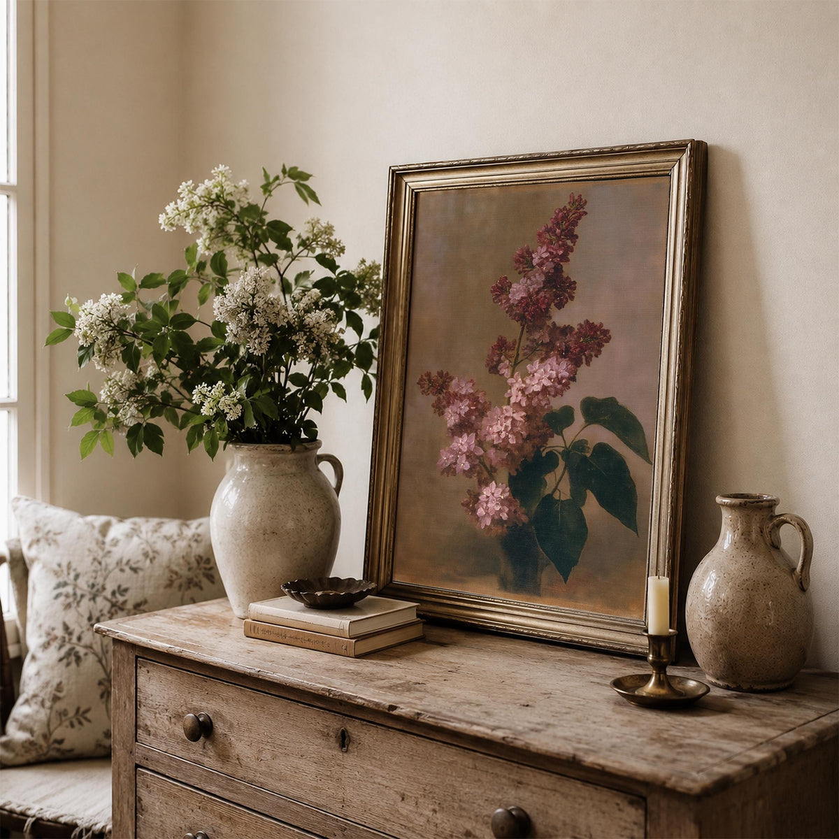 Vintage lilac poster for gallery wall — romantic pink and mauve floral study with aged patina details