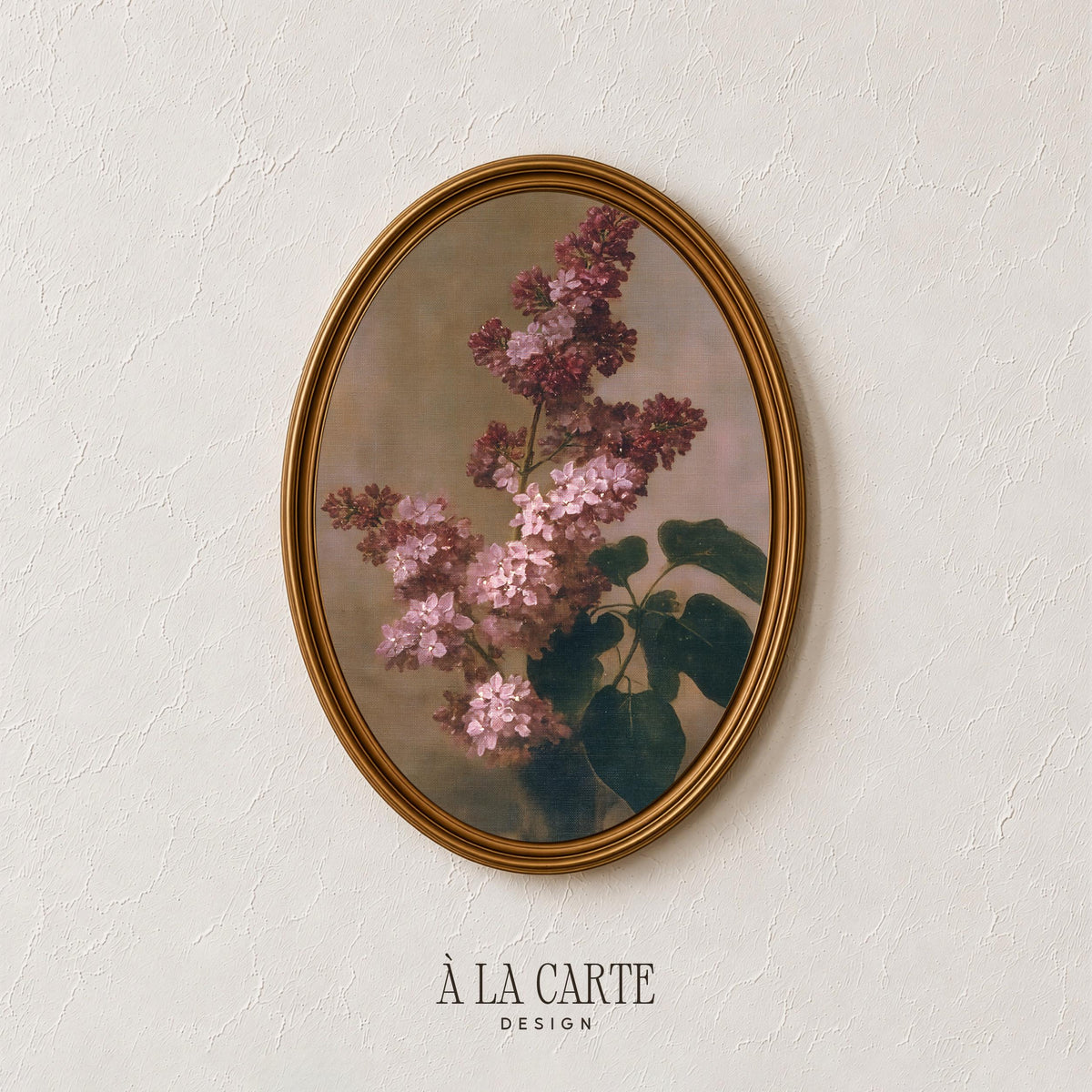 Blooming lilac flowers wall art for living room — moody romantic botanical print with aged patina background