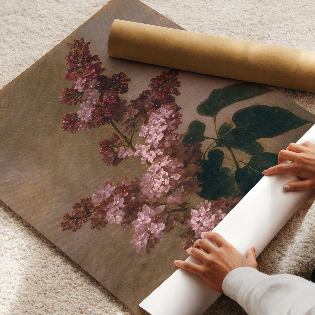 Vintage pink lilac painting printable art for home — cottagecore botanical with delicate brushstrokes and warm aged finish