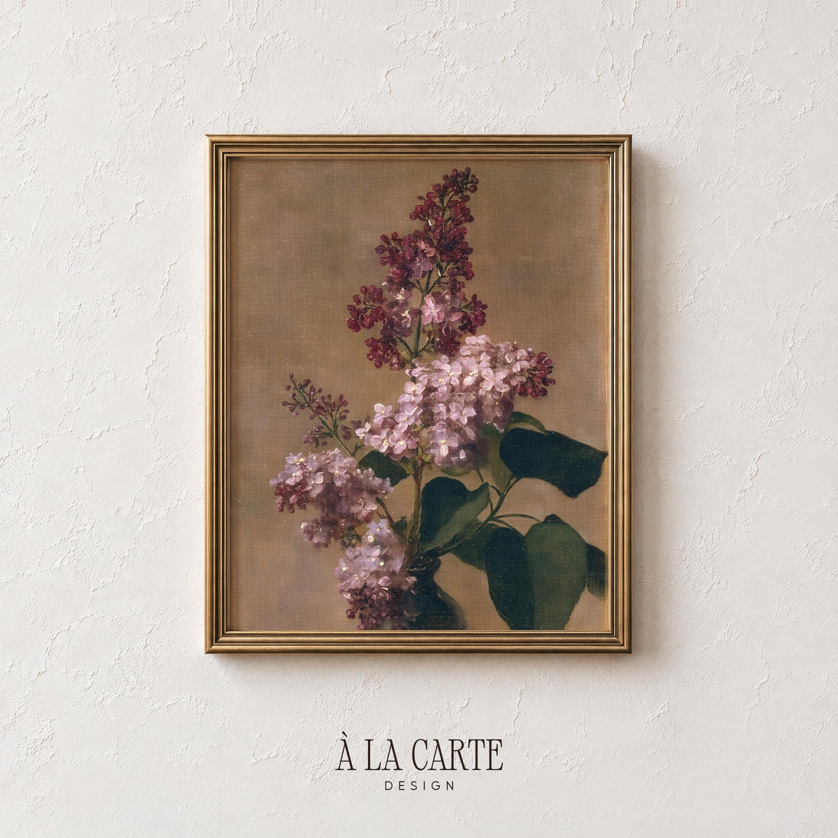 Lilac blooms botanical poster — vintage moody florals with soft pink and magenta petals on aged background
