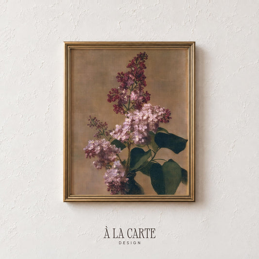 Lilac blooms botanical poster — vintage moody florals with soft pink and magenta petals on aged background