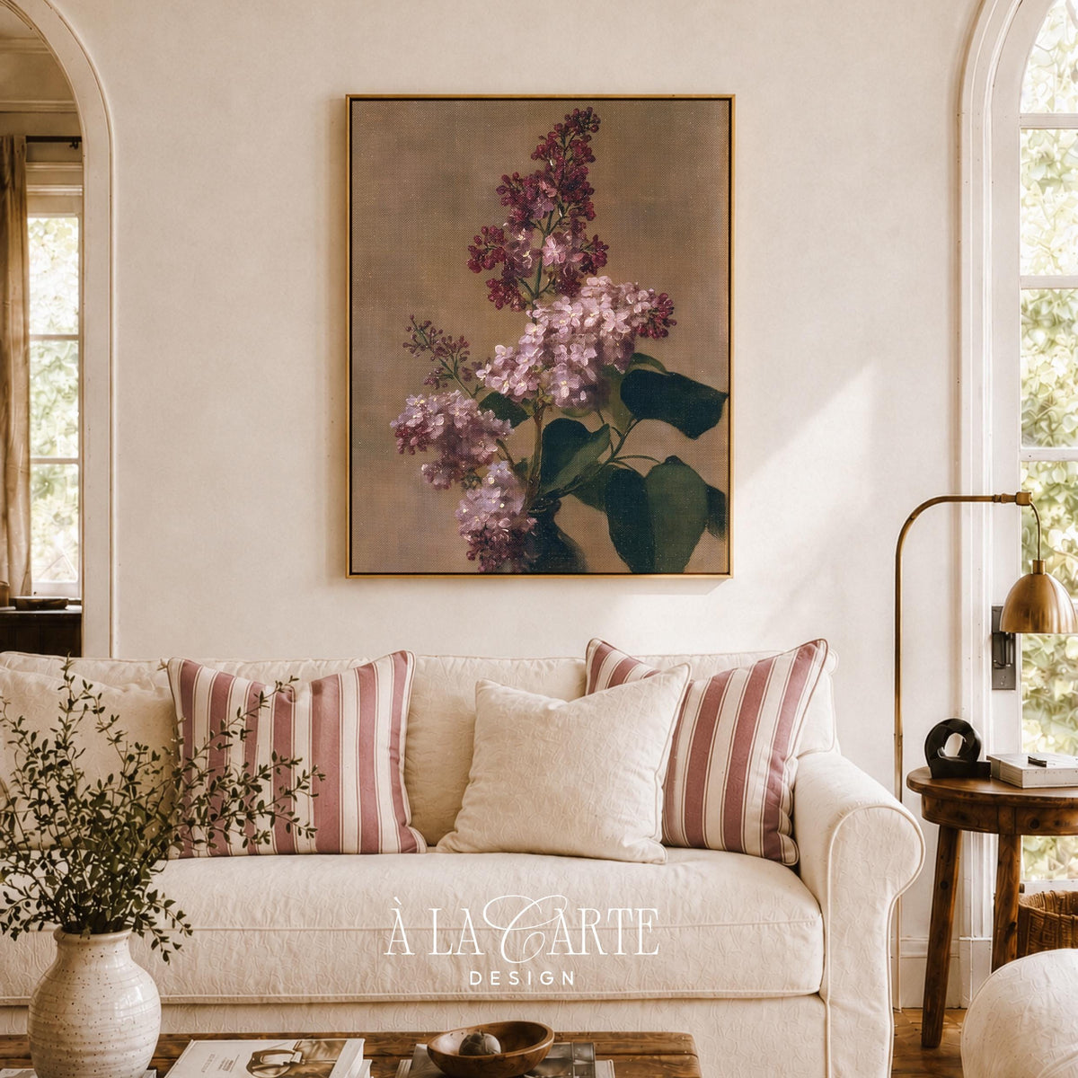 Flowering lilac printable art for bedroom — romantic cottage-style botanical painting with lush green foliage