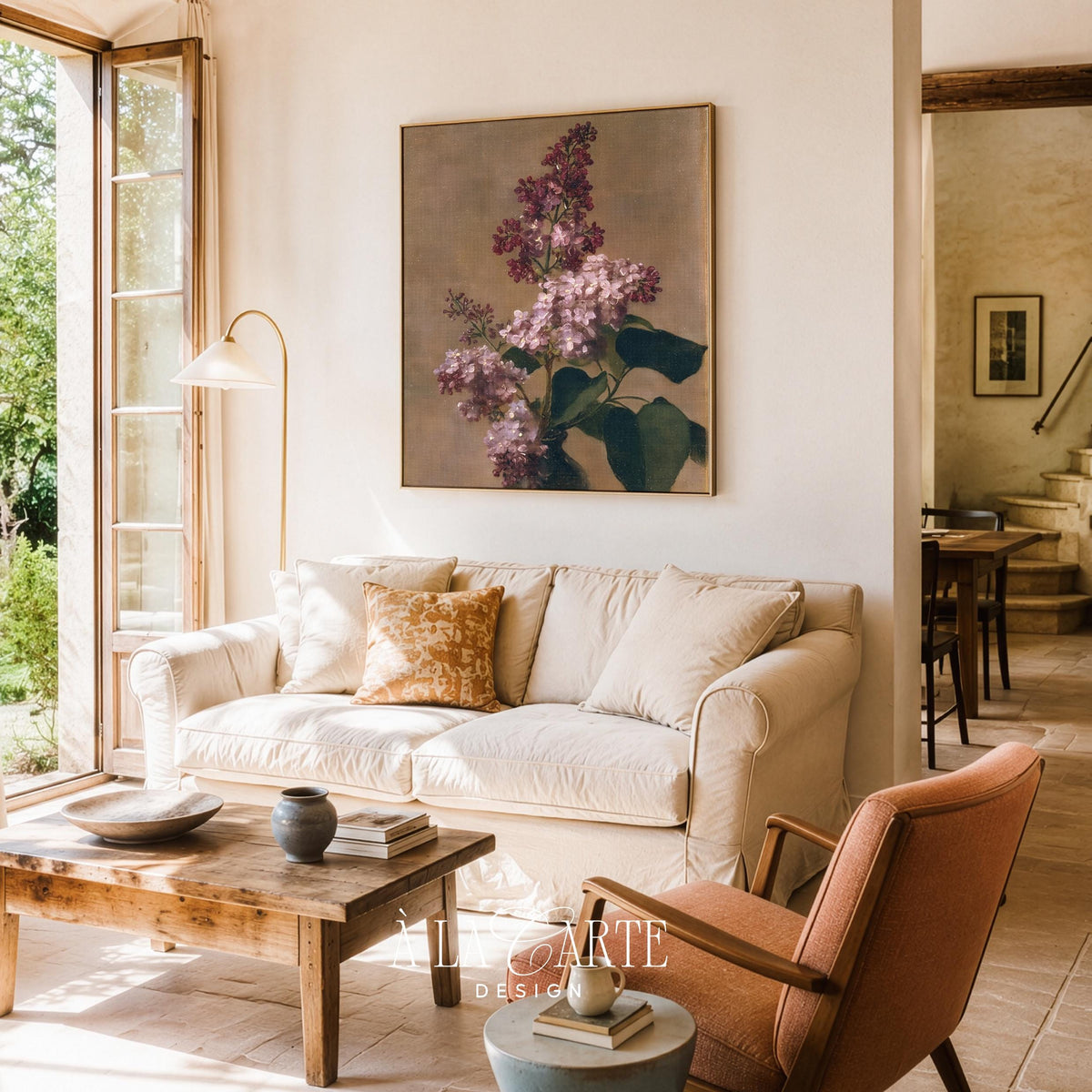 Botanical lilac blossom print — soft romanticism meets cottage elegance with aged, weathered background