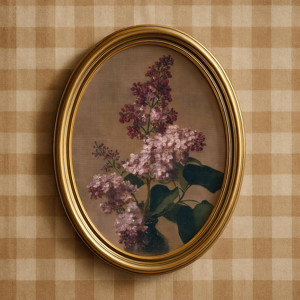 Romantic flowering plant printable for living room — moody vintage-style lilac study with muted color palette