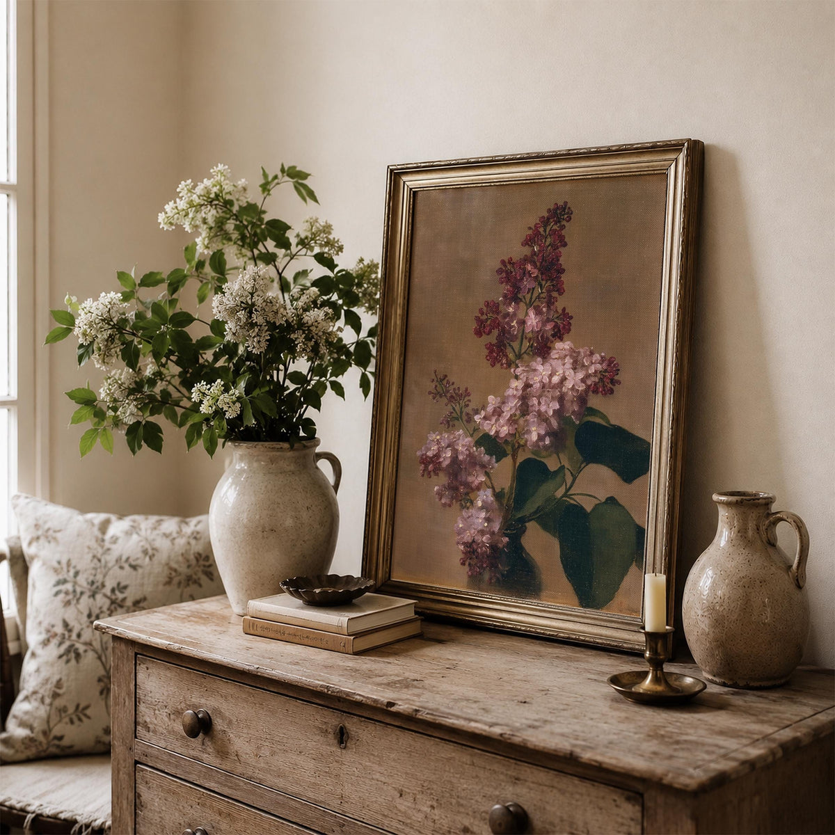 Lilac blossom digital print — timeless romantic artwork featuring blooming flowers and olive-green leaves