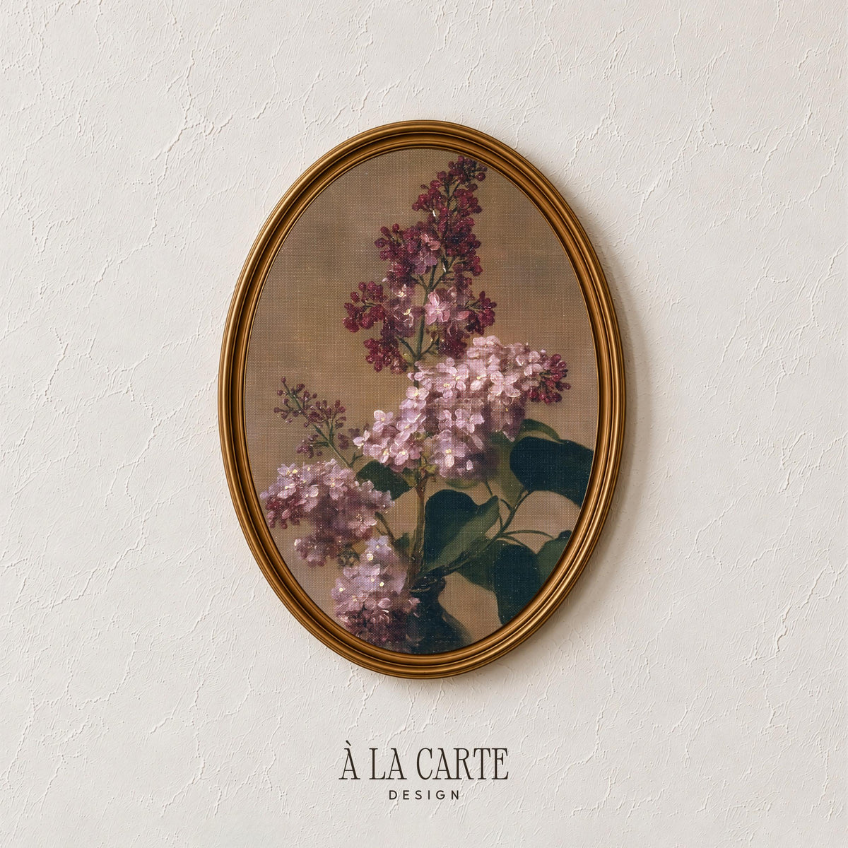 Antique lilac flower poster — classic botanical illustration with varying bloom stages and earthy backdrop