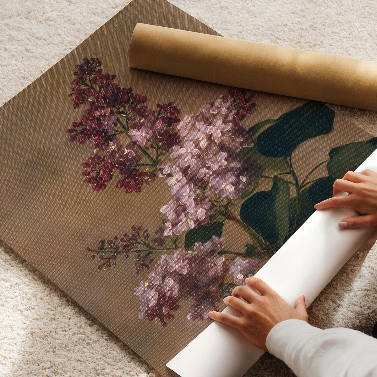 Vintage floral wall art for dining room — moody lilac cluster painting with rich foliage and antique charm