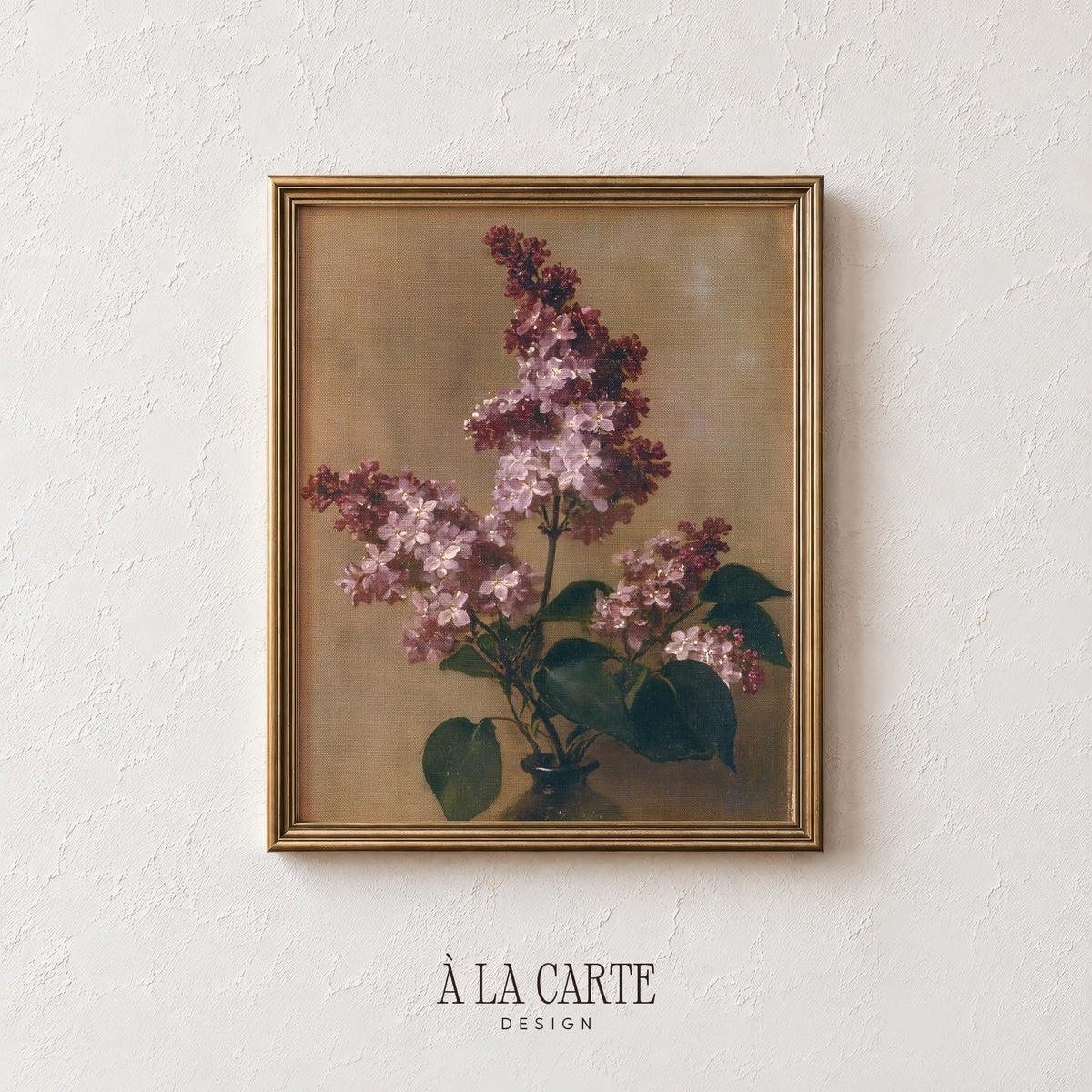 Vintage flower poster digital print — soft pink lilacs in dark glass vase with rustic charm