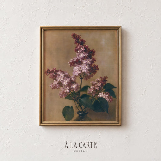 Vintage flower poster digital print — soft pink lilacs in dark glass vase with rustic charm