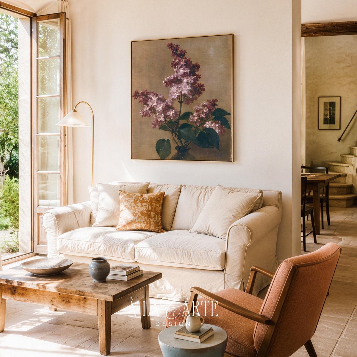 Blooming lilac branch wall art for living room — aged oil painting with sepia and olive backdrop