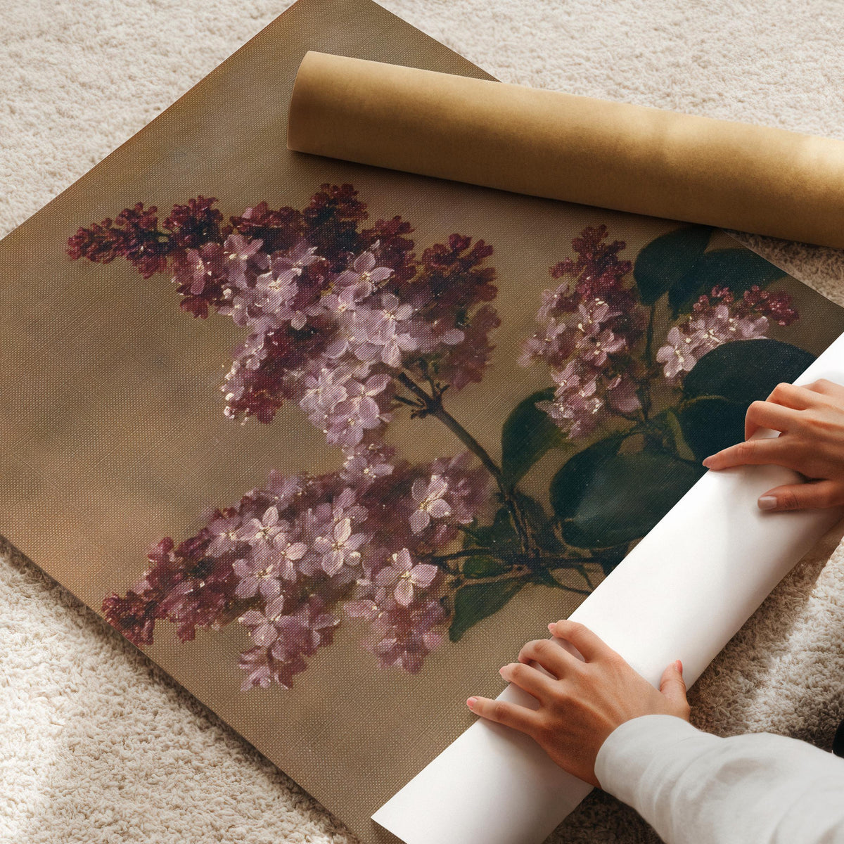 Botanical lilac artwork for dining room — antique-inspired floral with muted jewel tones and painterly details