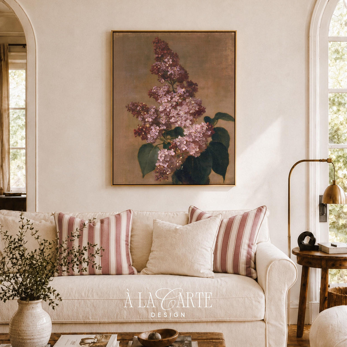 Pink lilac flowers poster for dining room — cottagecore-inspired oil painting with rich patina and green foliage