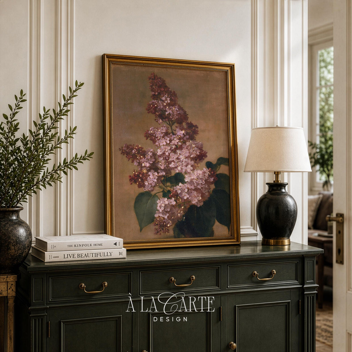 Moody lilac poster for kitchen — antique-inspired botanical with soft brushstrokes and warm brown tones