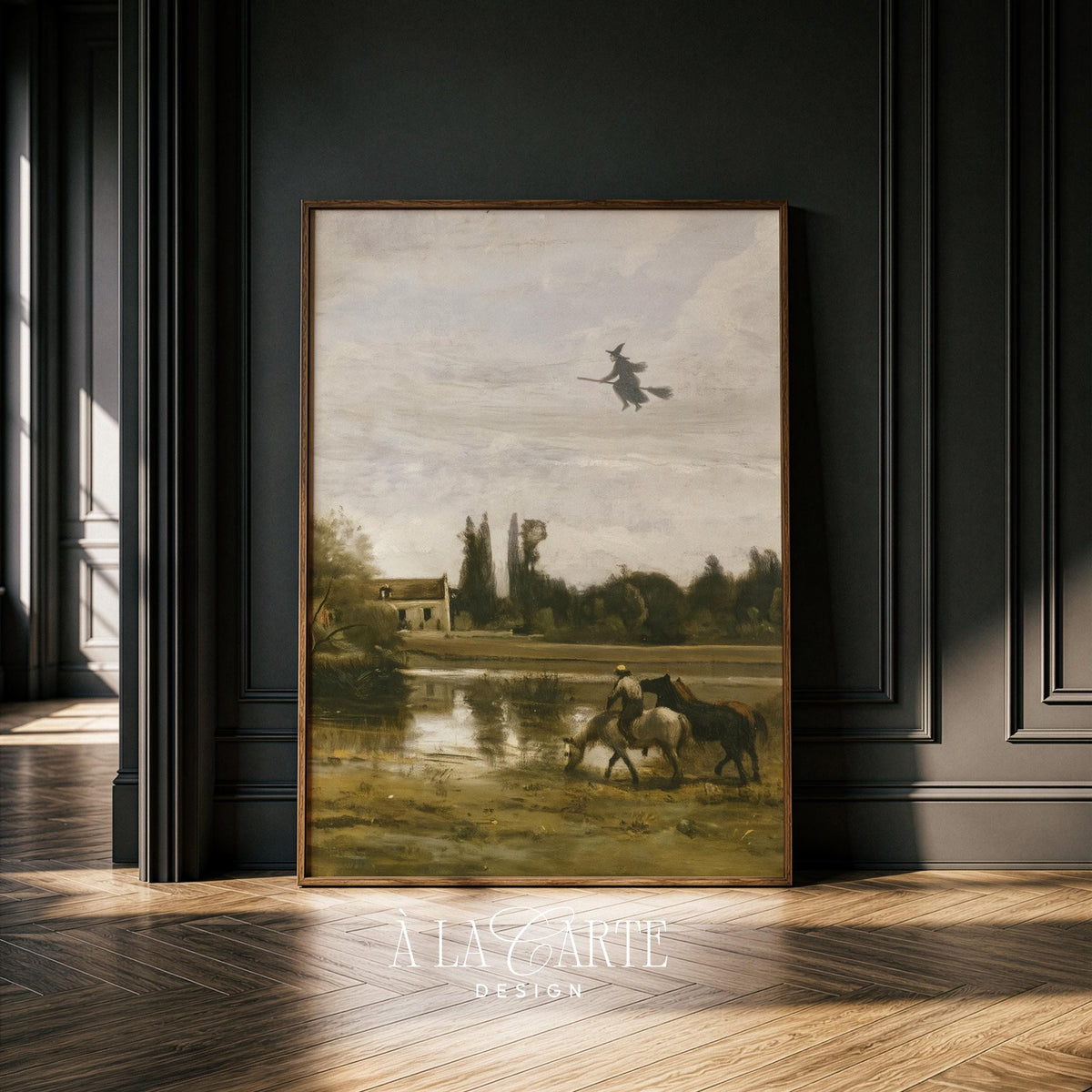Dark academia wall art for study — flying sorceress above rural homestead with classical countryside charm