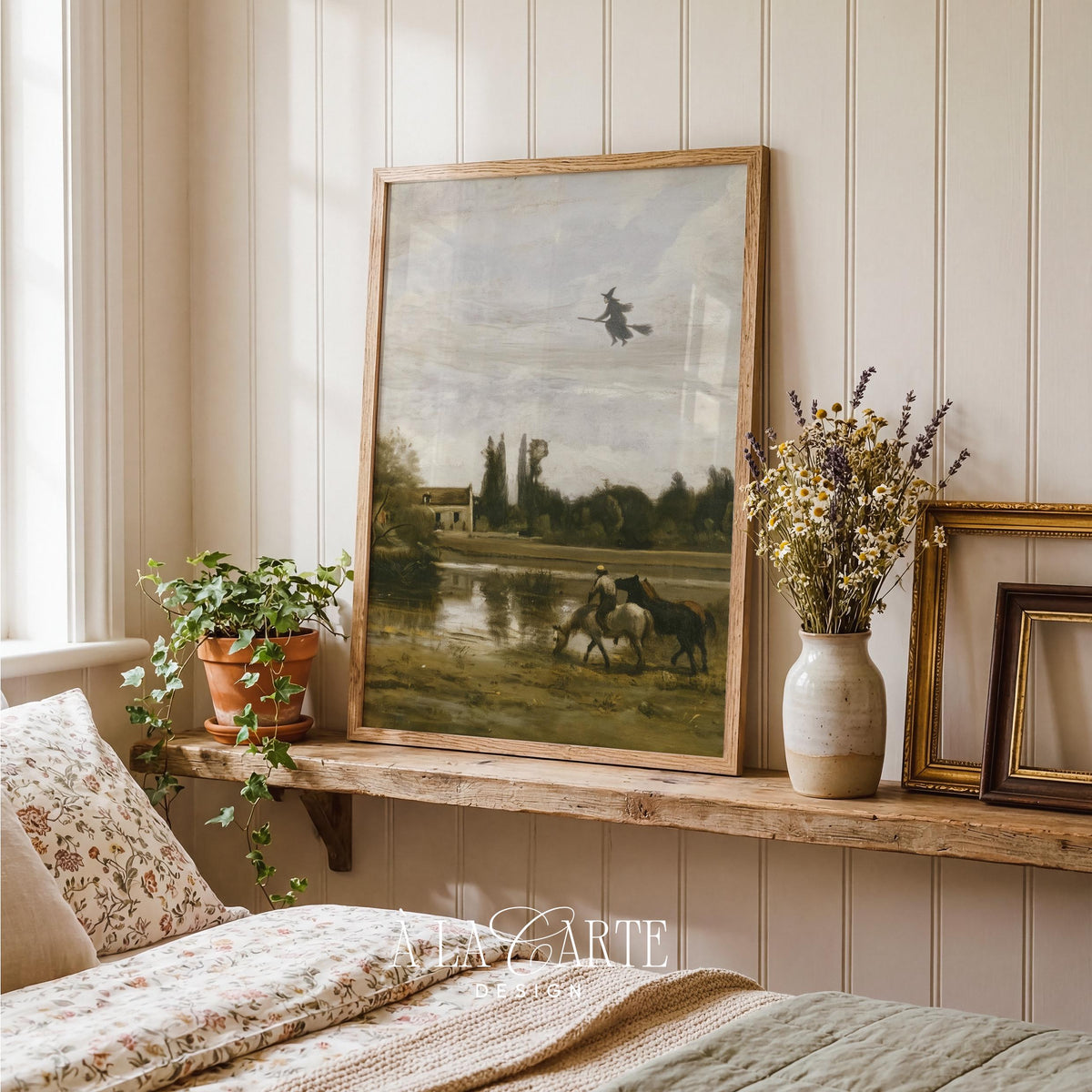Moody Halloween digital artwork instant download — vintage-style pastoral painting with witch soaring over farmhouse
