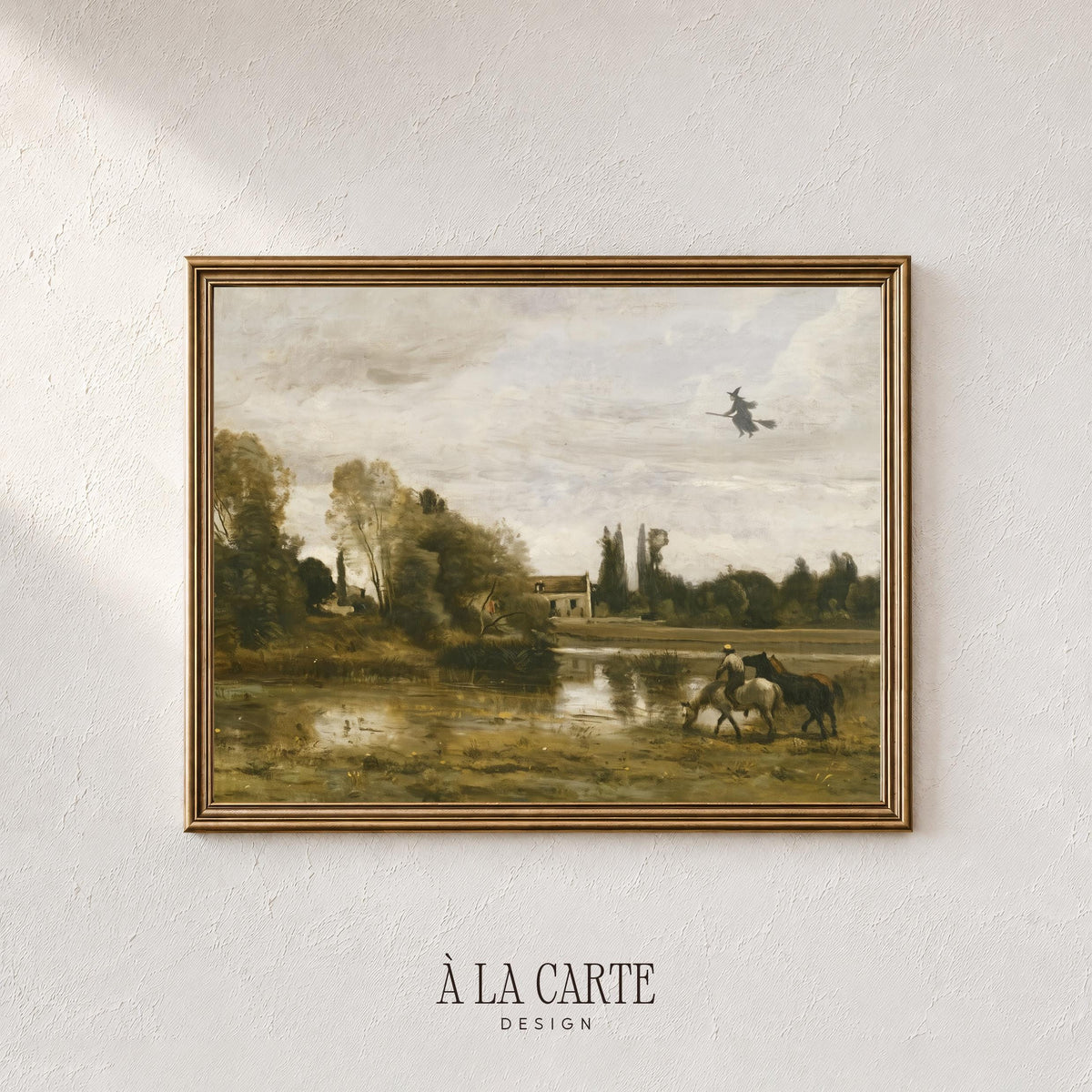 Enchanted harvest landscape painting — flying witch over horseman, tranquil water, and golden countryside atmosphere