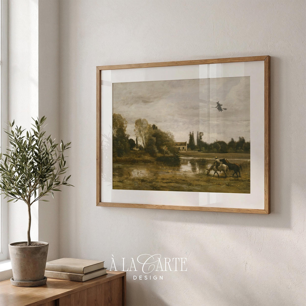 Witch flying on broomstick painting wall art for bedroom — moody vintage countryside landscape with horse rider