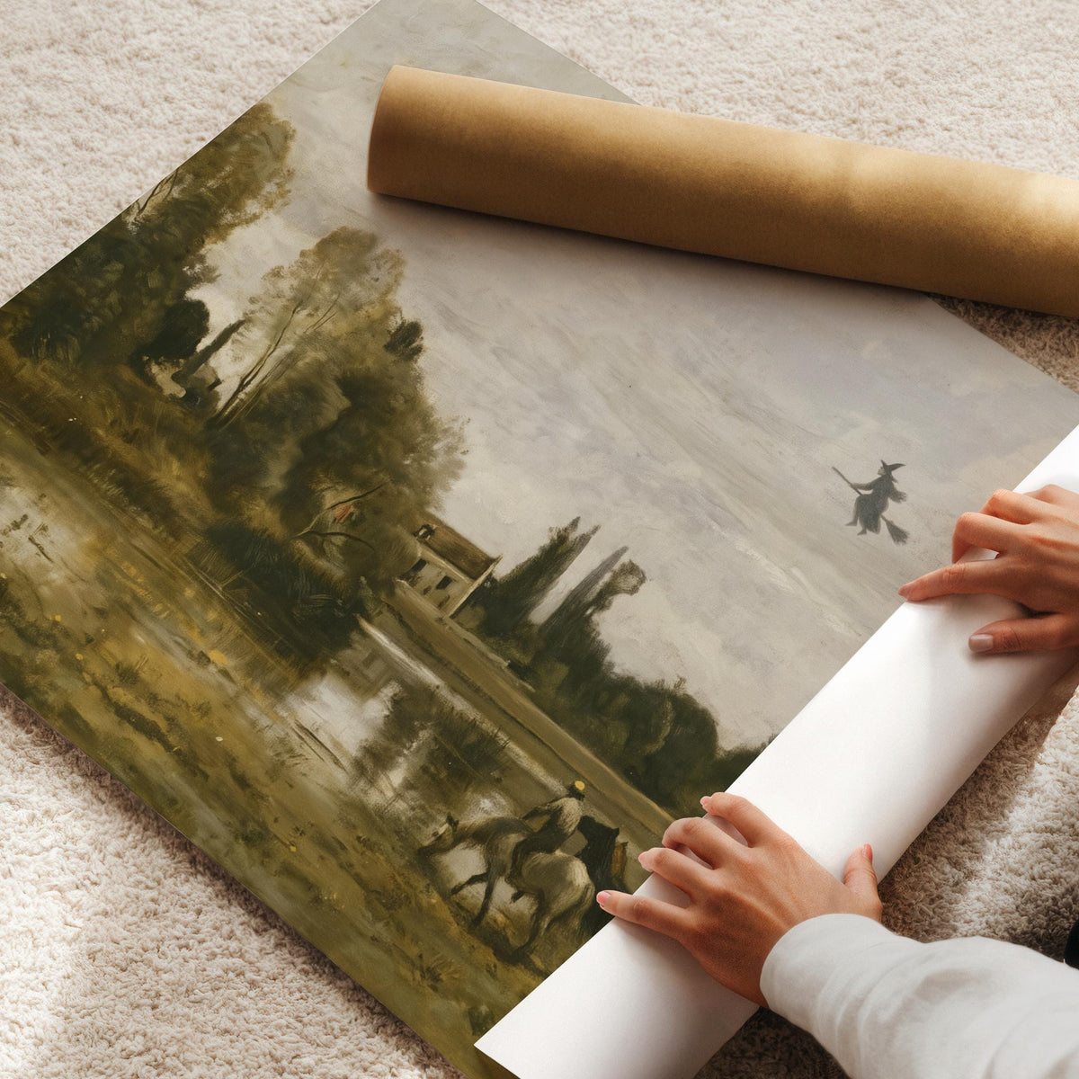 Witchy broomstick wall art for hallway printable — textured vintage aesthetic with earthy greens and soft grays