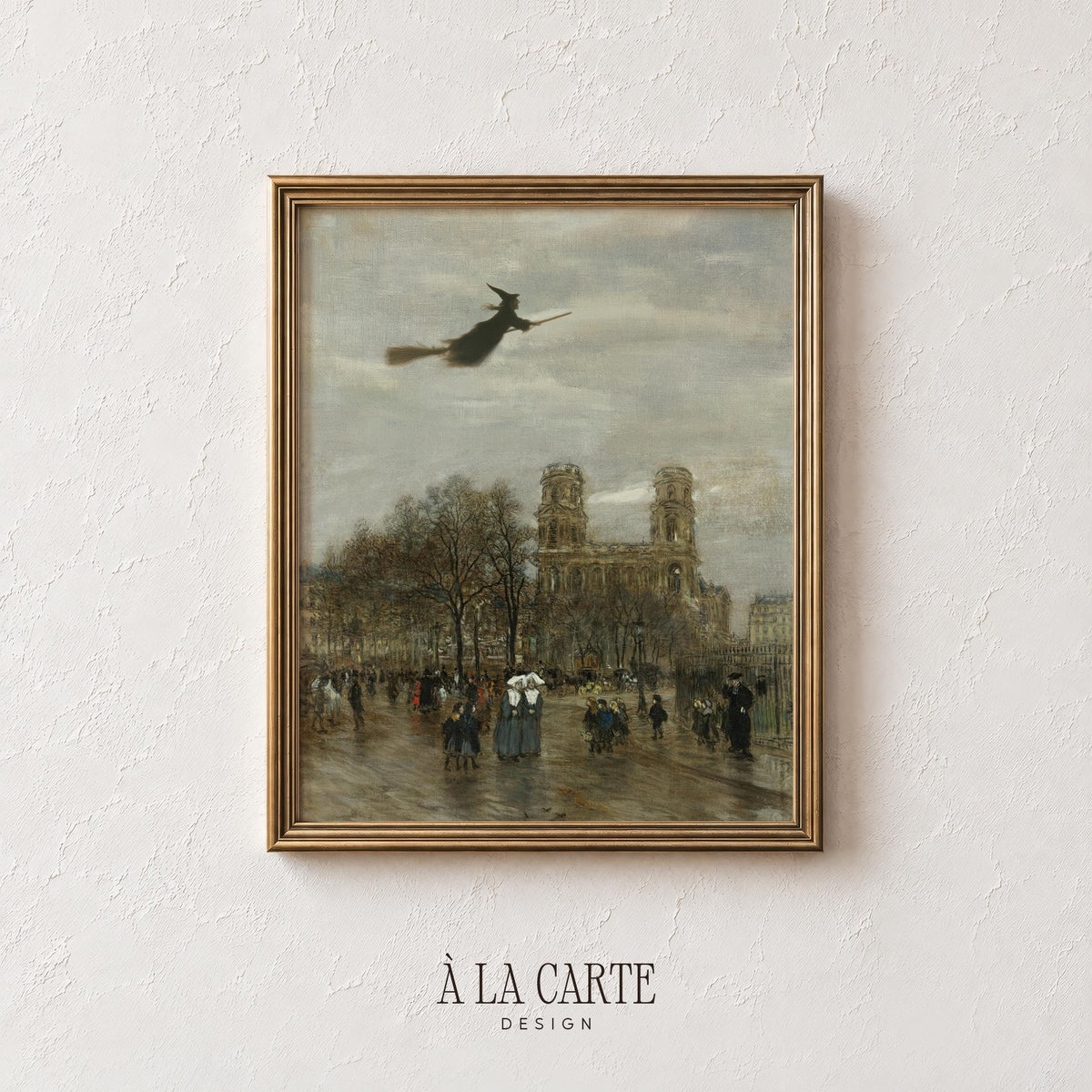 Flying sorcerer above historic plaza picture print — moody vintage-inspired Halloween artwork with period figures and muted gray-brown aesthetic