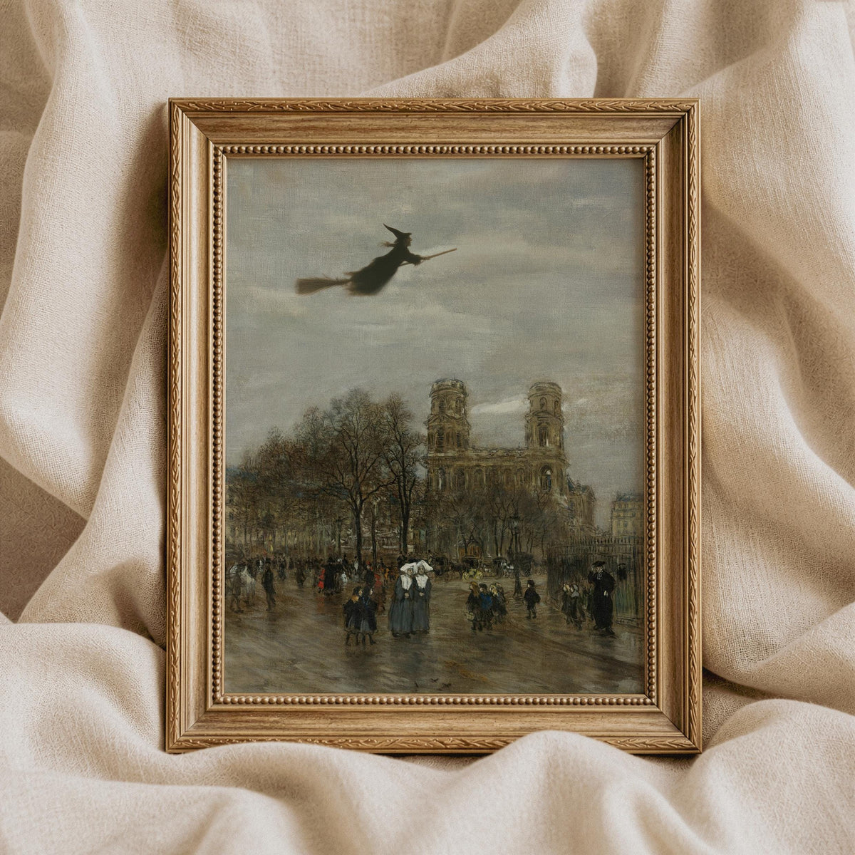 Vintage witch illustration poster — eerie Halloween painting with textured antique finish and dramatic cathedral-dominated composition