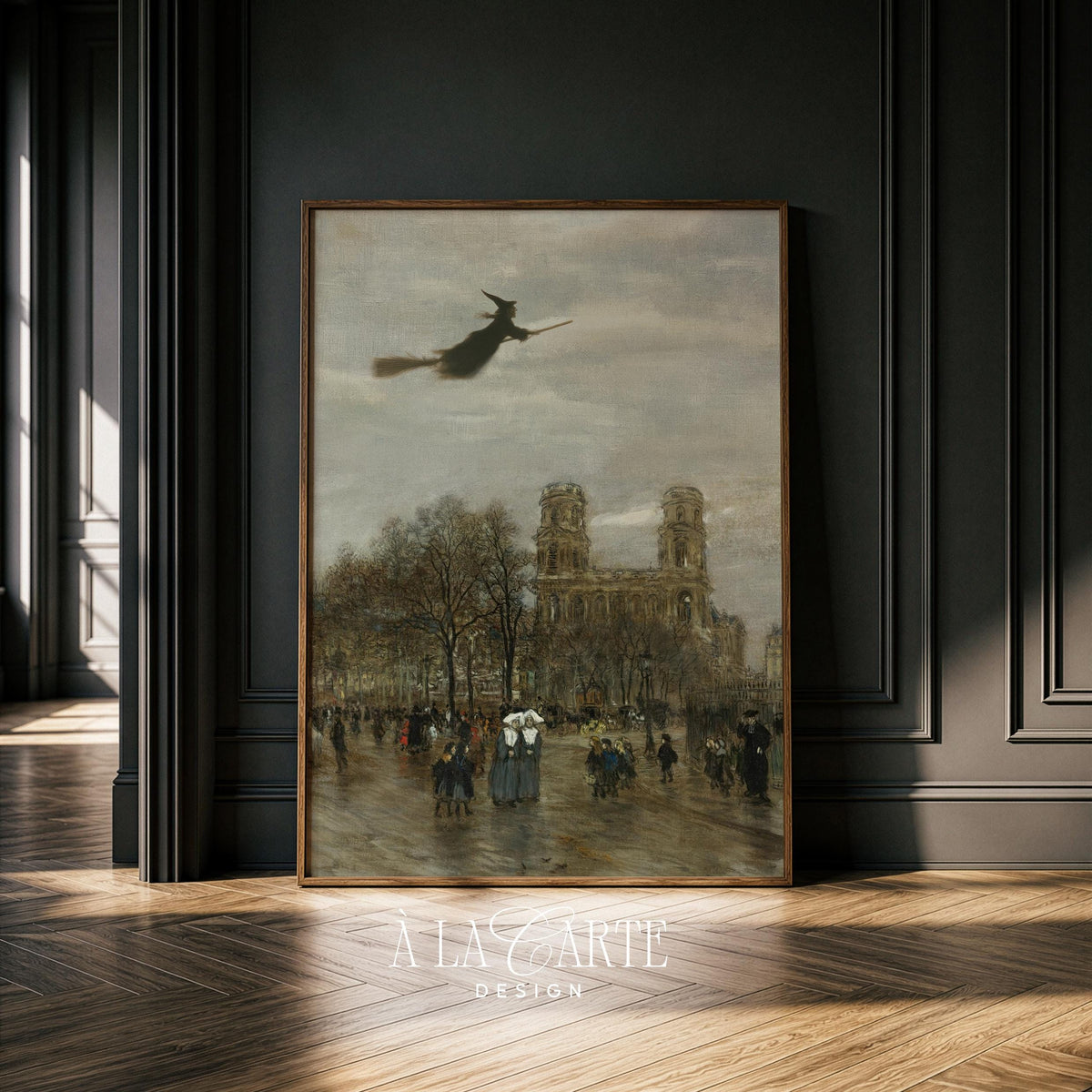 Witch on broomstick poster for bedroom — vintage Halloween wall art over Paris cathedral with antique muted tones