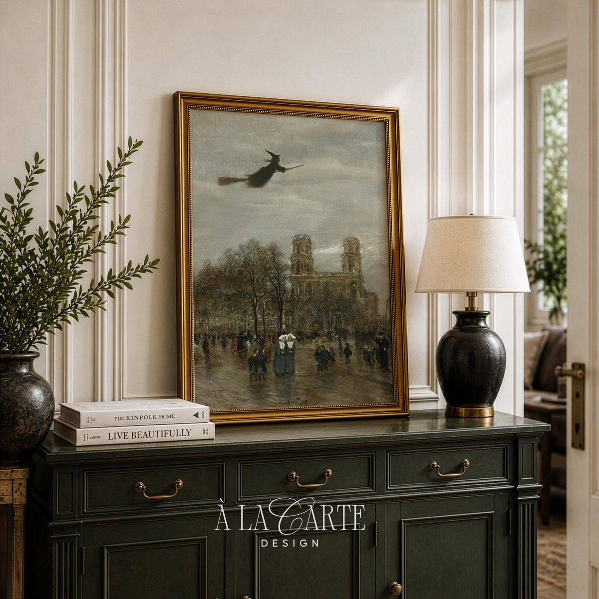 Enchantress soaring over town picture for gallery wall — eerie atmospheric Halloween artwork with weathered oil painting aesthetic