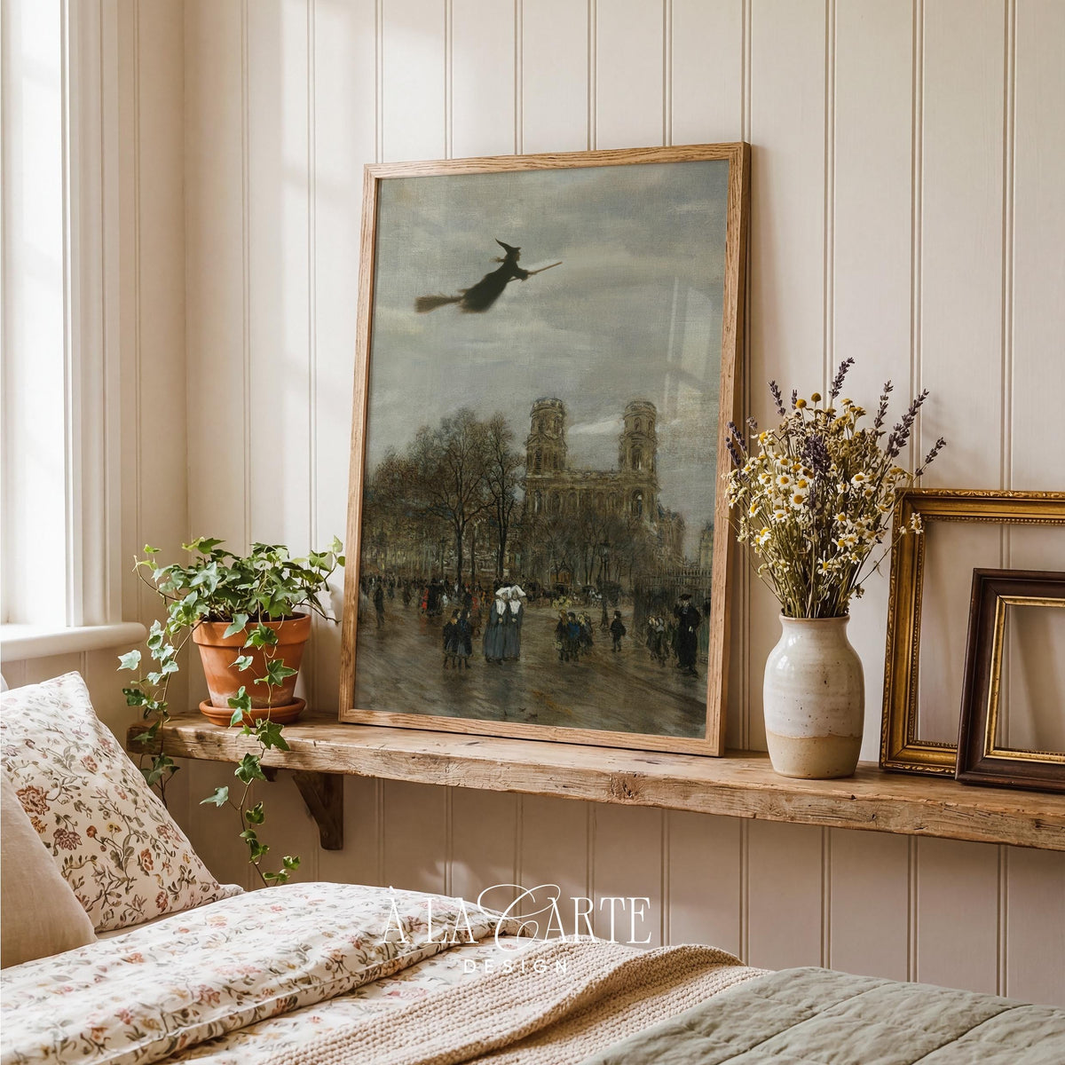Enchanted flight digital wall art for library — spooky atmospheric printable featuring silhouetted figure above Paris landmark