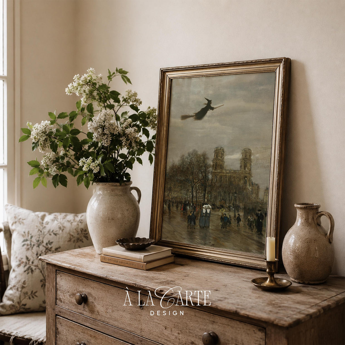 Silhouetted sorceress flying above cityscape printable art — moody dark academia painting with historic European architecture