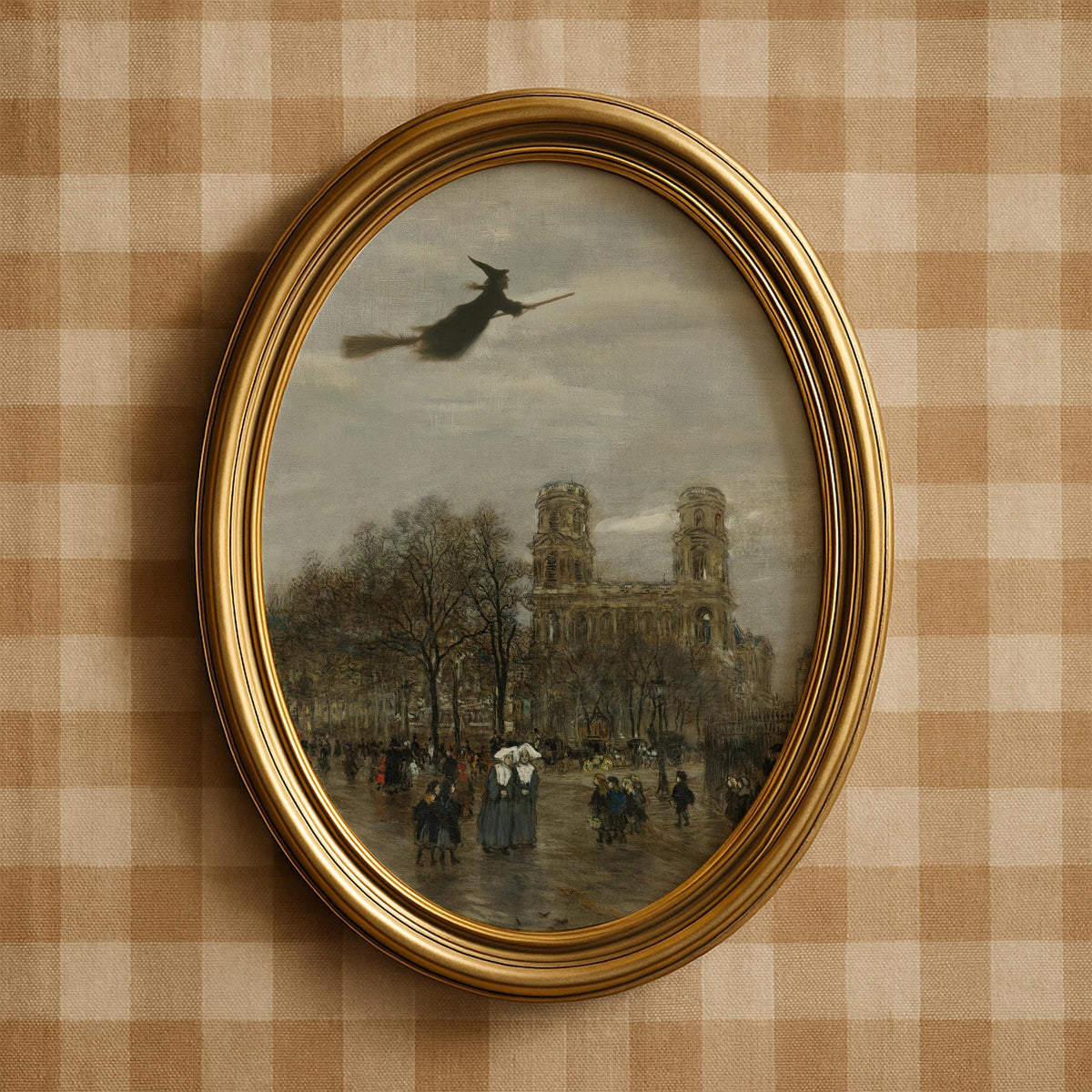 Moonlit sorceress flight painting — downloadable wall art for entryway with moody antique color palette and cathedral spires