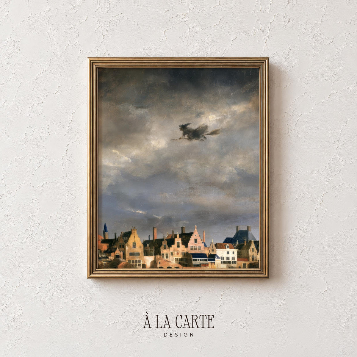 Historic village with flying figure poster art — eerie antique-style composition for dark academia rooms