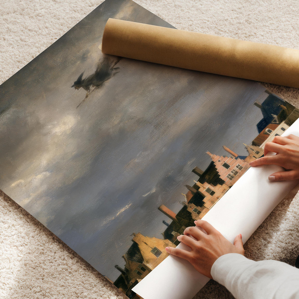Broomstick rider wall art printable for den — spooky nighttime scene over historic gabled rooftops