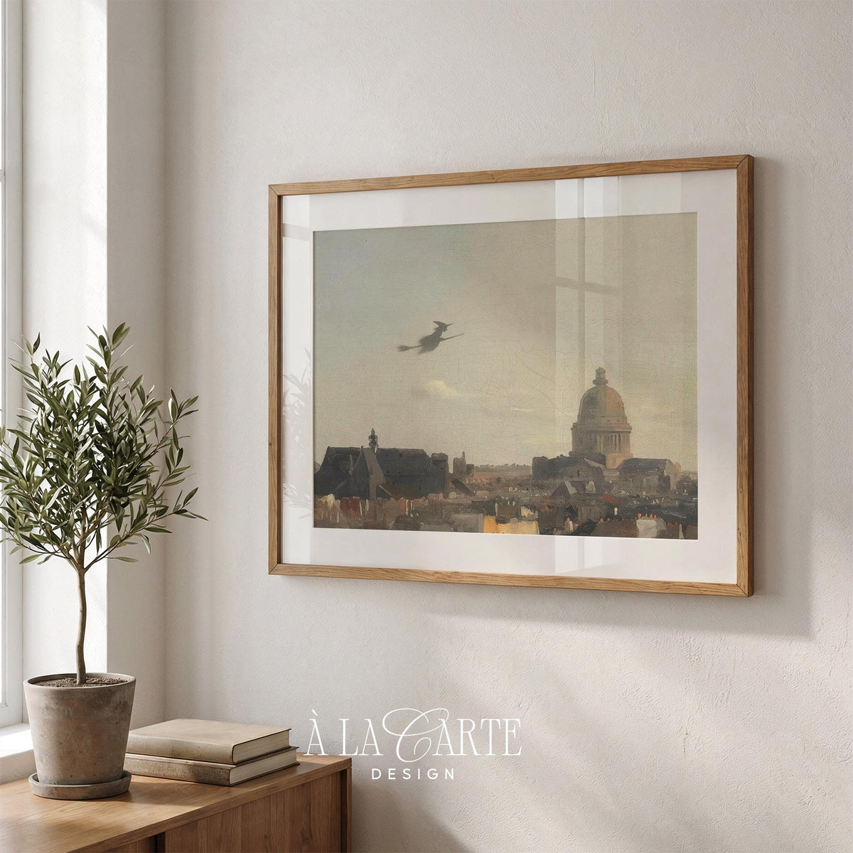 Silhouetted sorceress wall art for bedroom — antique European architecture with atmospheric old-world charm and muted tones