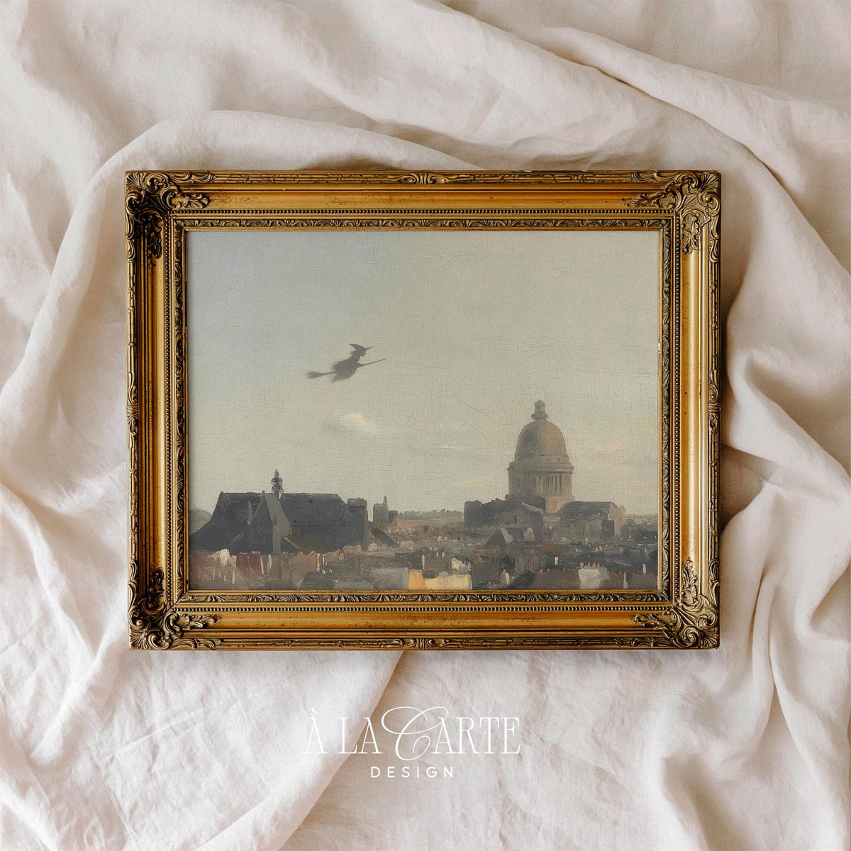 Mystical midnight flyer wall art — historic city rooftops with pale sky, subtle spooky elegance and vintage brushwork