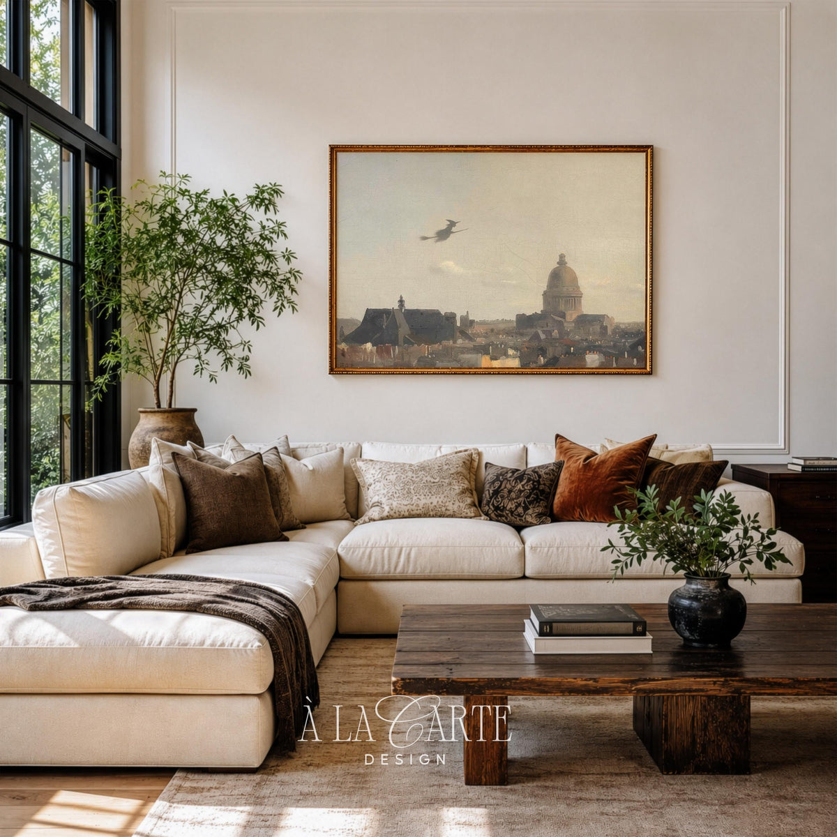 Witch over European cityscape digital print — moody atmospheric painting with pale golden palette and nostalgic elegance