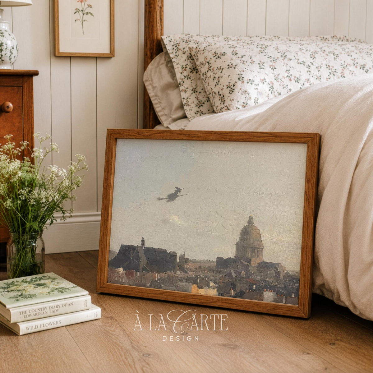 Flying sorceress above architecture printable picture for gallery wall — moody antique aesthetic with chimney silhouettes and nostalgic charm