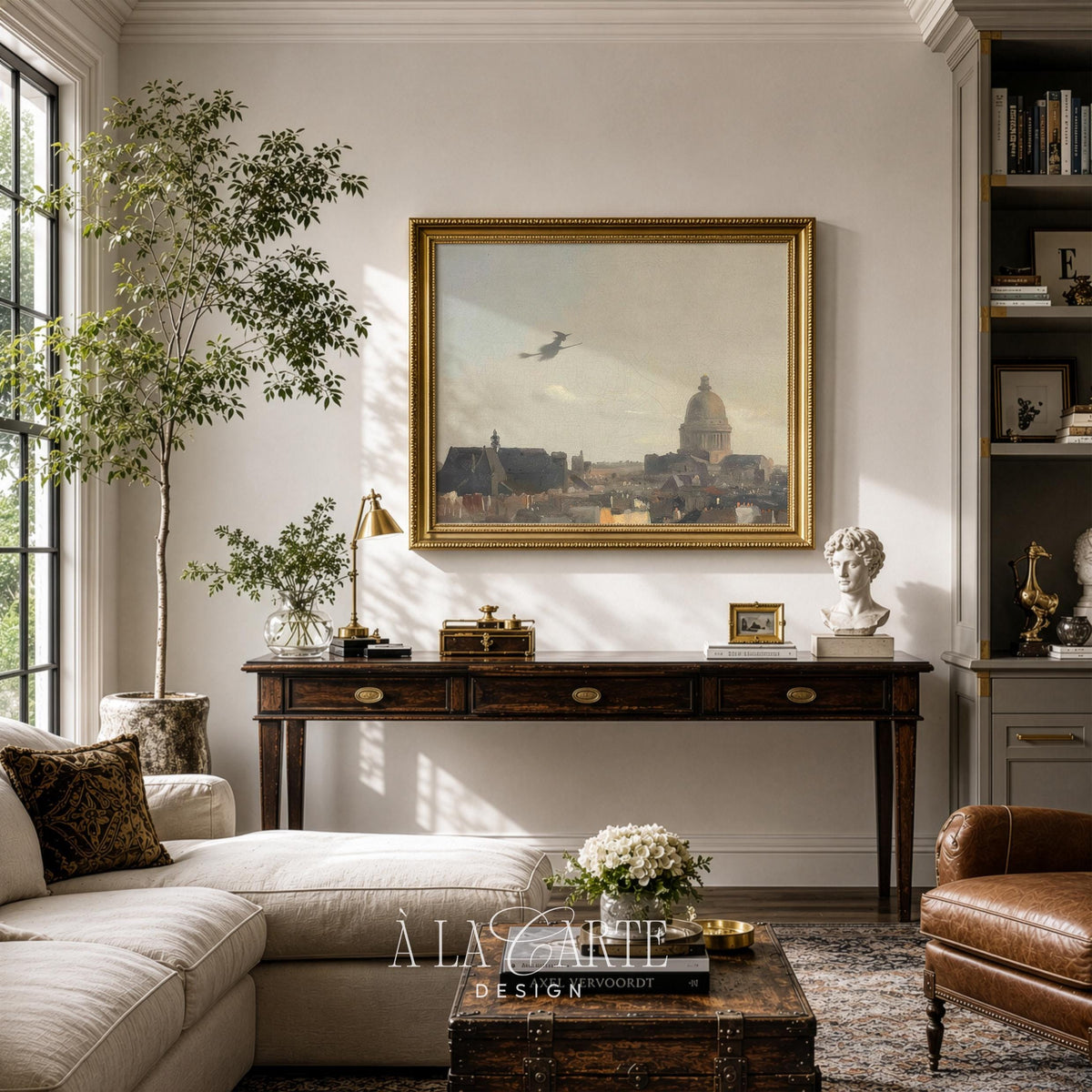 Flying enchantress picture for living room — hazy vintage skyline with domed monument and chimney silhouettes