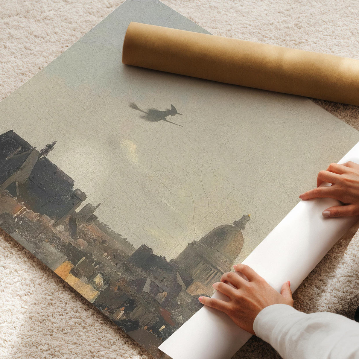 Witch soaring over landmarks poster for entryway — vintage-inspired painting with muted palette and old-world atmospheric quality