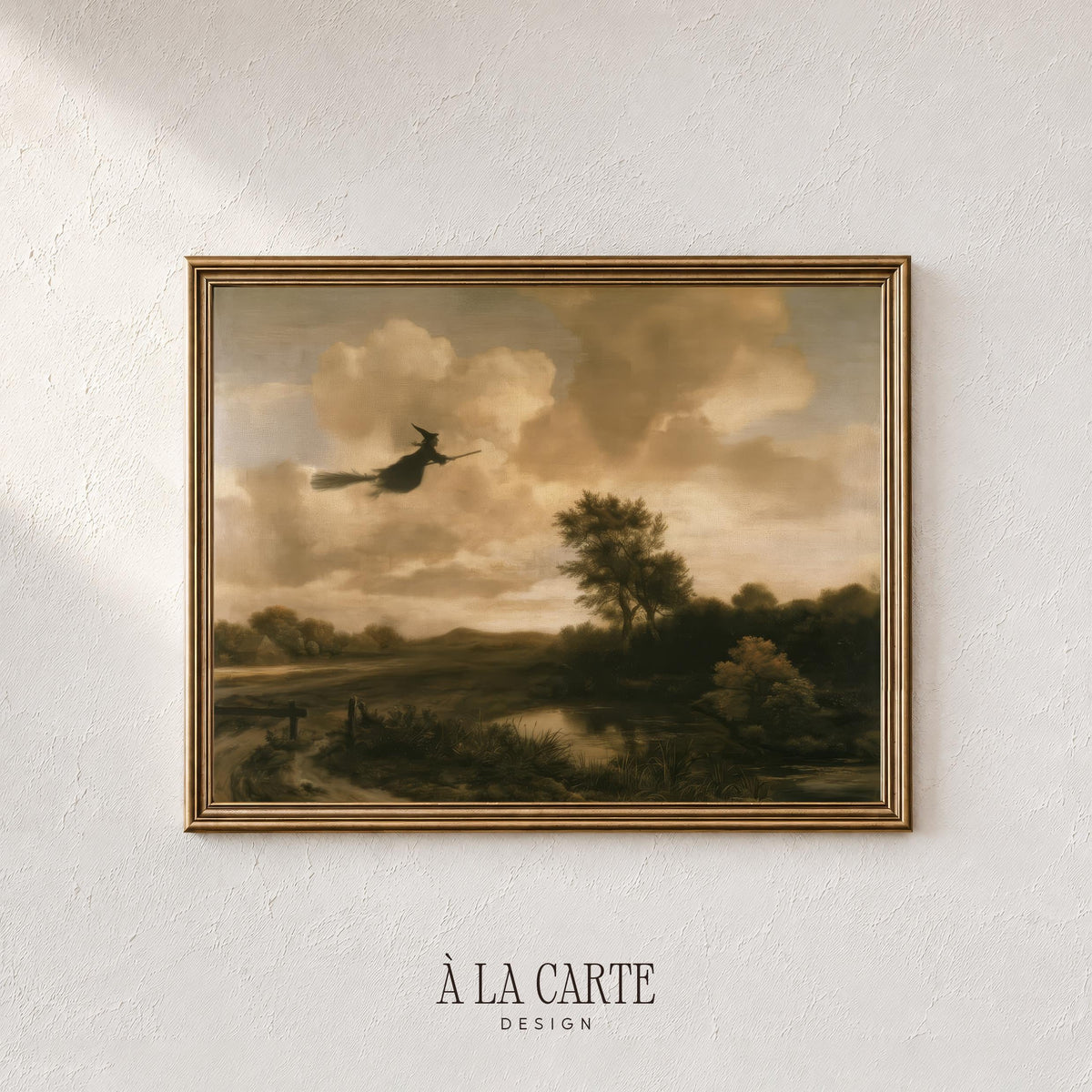 Spooky cottage-core digital print — witch airborne over misty countryside with winding path