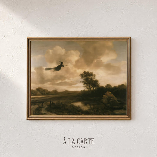 Spooky cottage-core digital print — witch airborne over misty countryside with winding path
