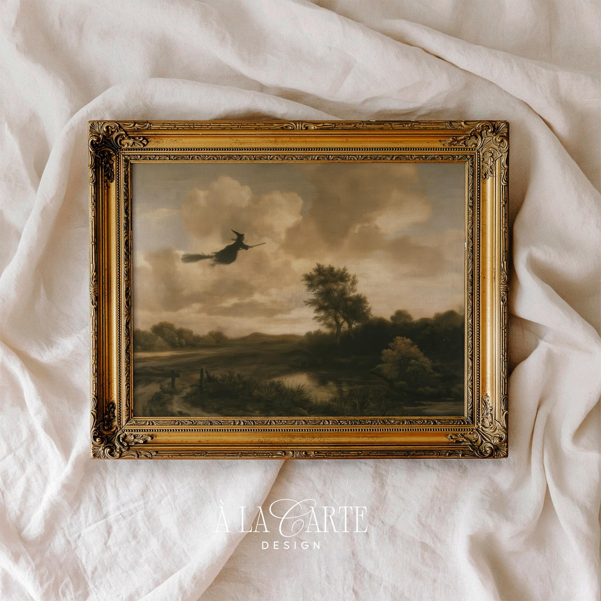 Moody countryside poster with flying figure and textured clouds in rich browns and greens